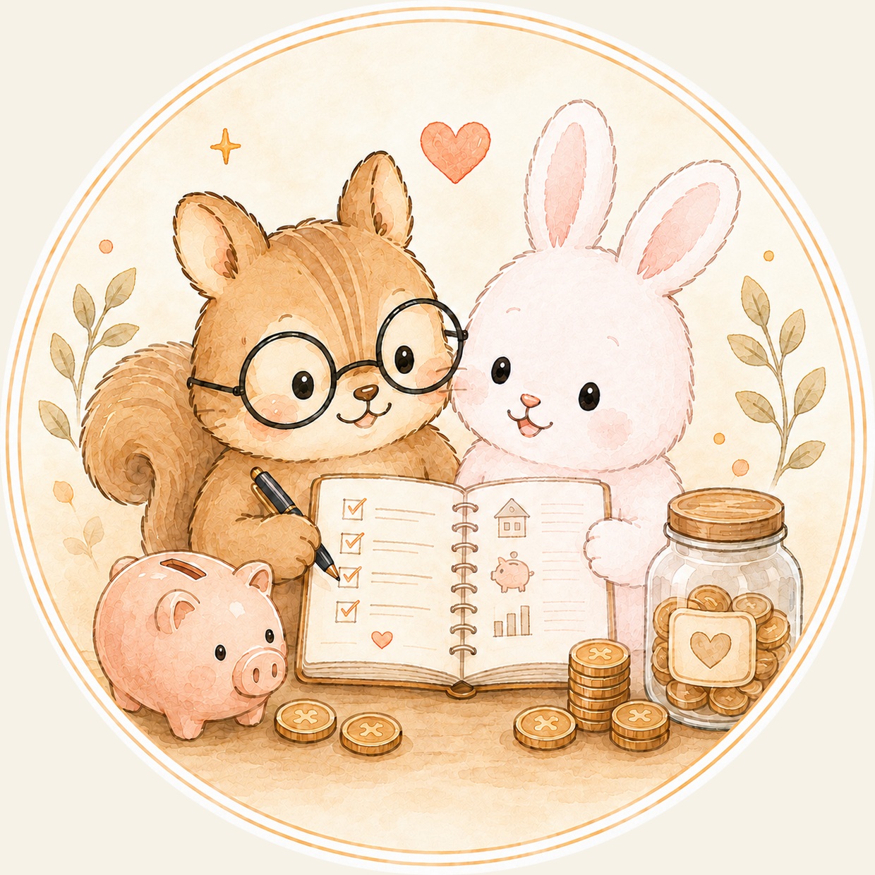 ノートを広げてお金の話をする、りすとうさぎの水彩イラスト