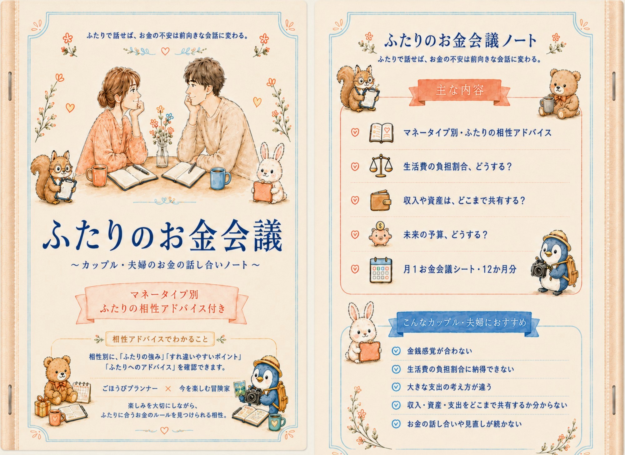 ふたりのお金会議ノートの表紙と、主な内容のページ