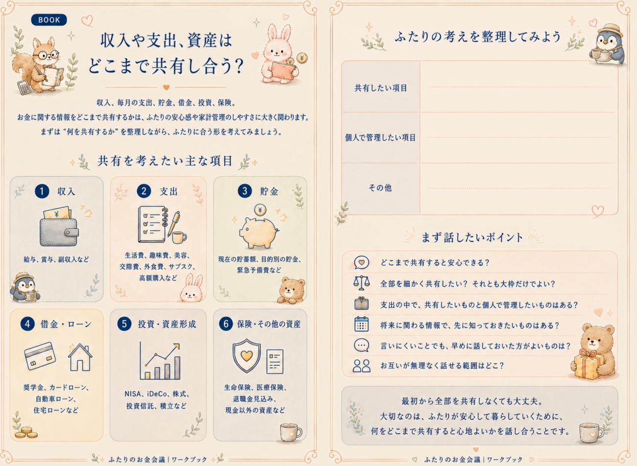 収入や支出、資産をどこまで共有し合うかを整理するワークページ