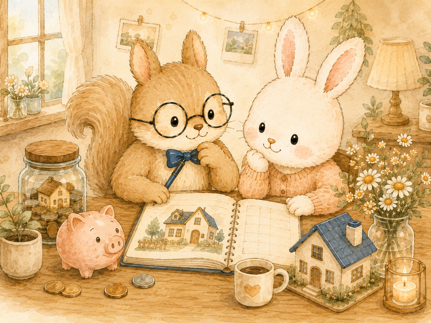ノートを広げて将来の住まいについて話し合う、りすとうさぎの水彩イラスト