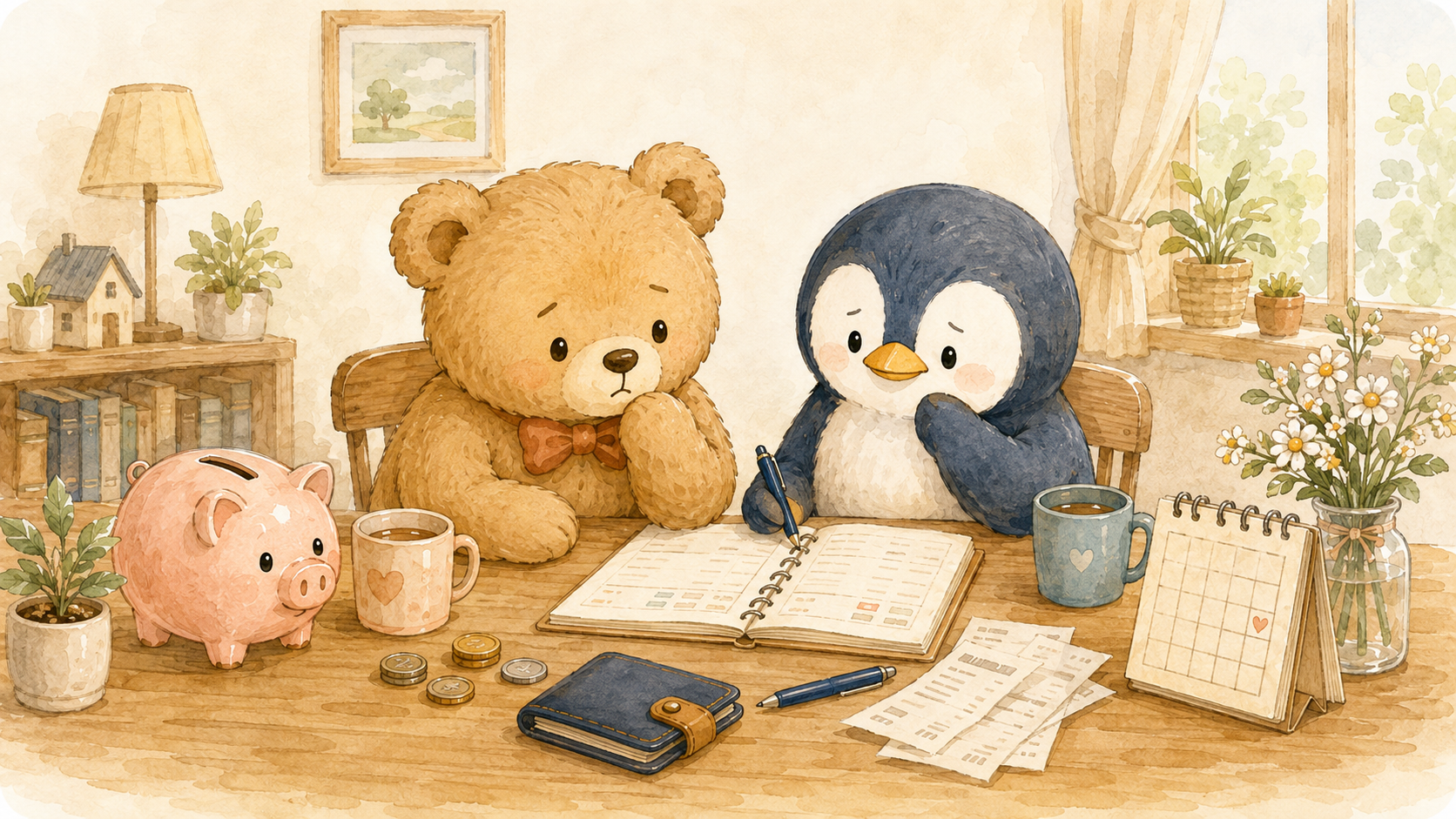 貯金がうまく進まず、家計簿を前に困った表情で考え込むくまとペンギンの水彩イラスト