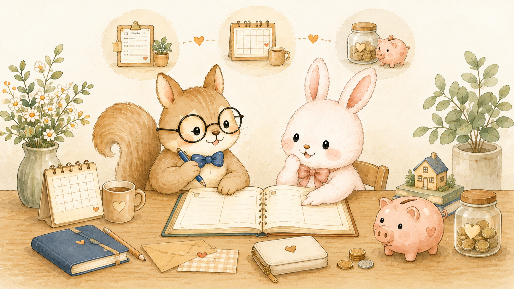 ノートを広げて貯金の目的・時期・目標額を話し合う、りすとうさぎの水彩イラスト