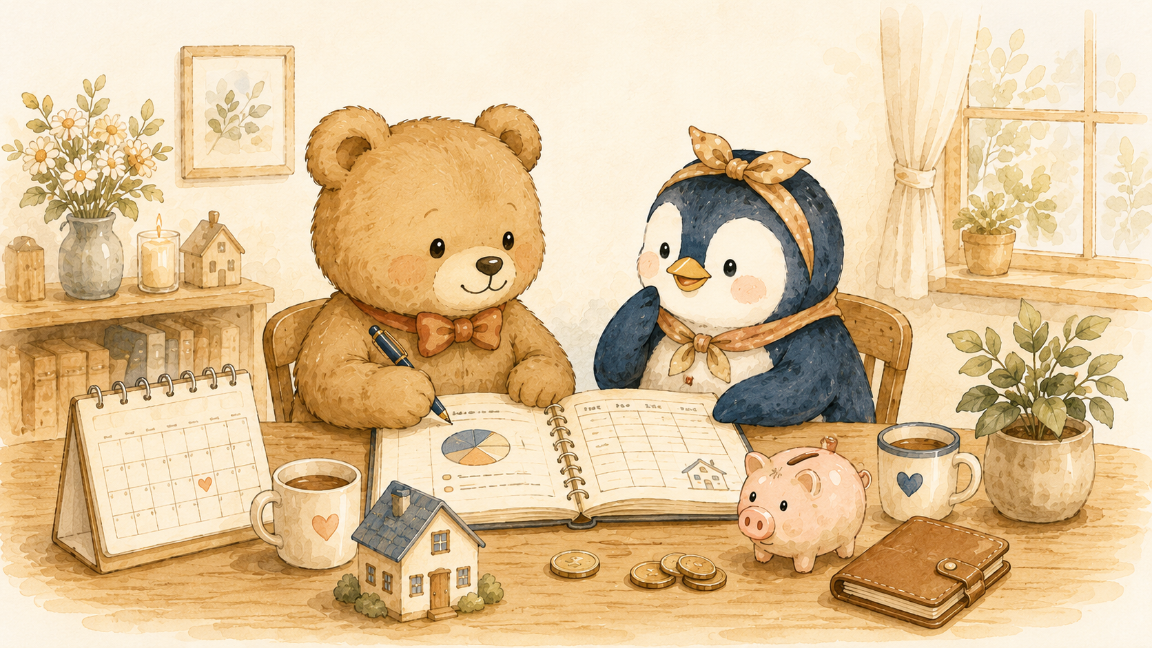 カレンダーとノートを広げて、決めたルールを書き残すくまとペンギンの水彩イラスト