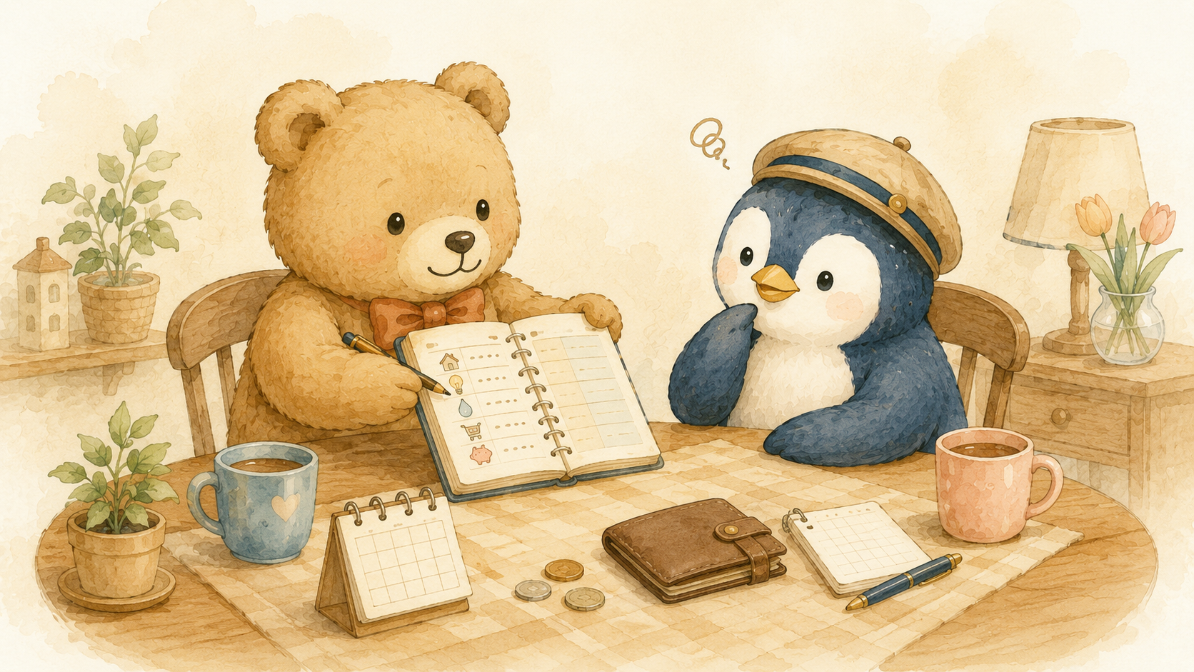 家計ノートを開いて生活費の分担を説明するくまと、頬づえをついて考えるペンギンの水彩イラスト