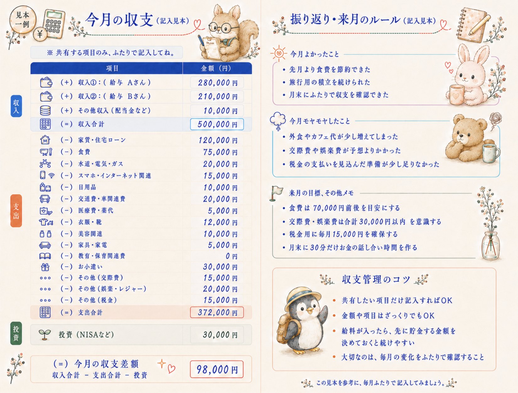 月1お金会議ページの記入見本。今月の収支と振り返り・来月のルール