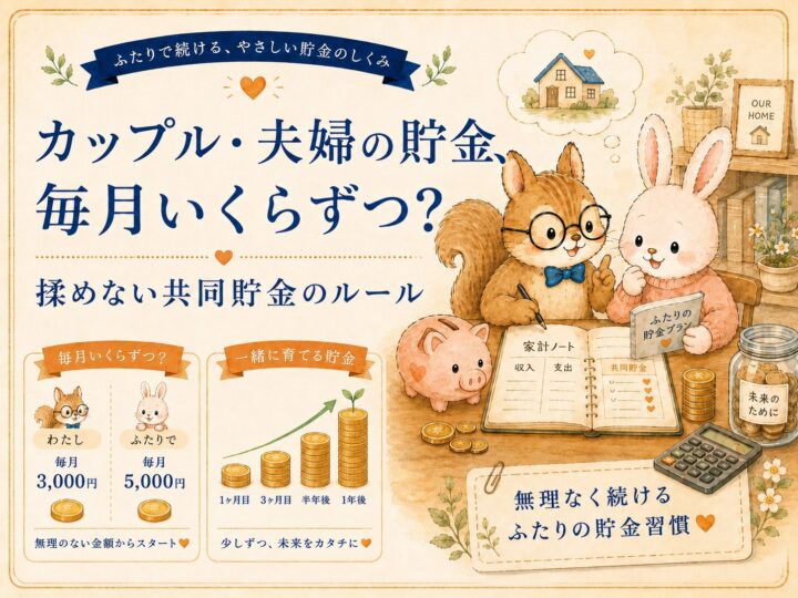 カップル・夫婦の貯金、毎月いくらずつ？揉めない共同貯金のルール。わたし毎月3,000円・ふたりで毎月5,000円から始める共同貯金の例