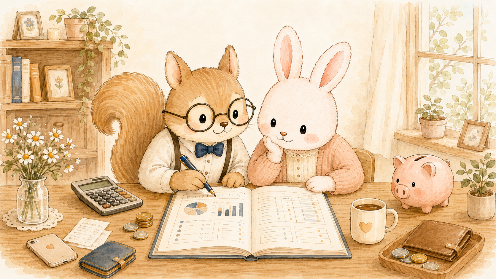 電卓とレシートを前に、家計の資料をふたりで確認するりすとうさぎの水彩イラスト