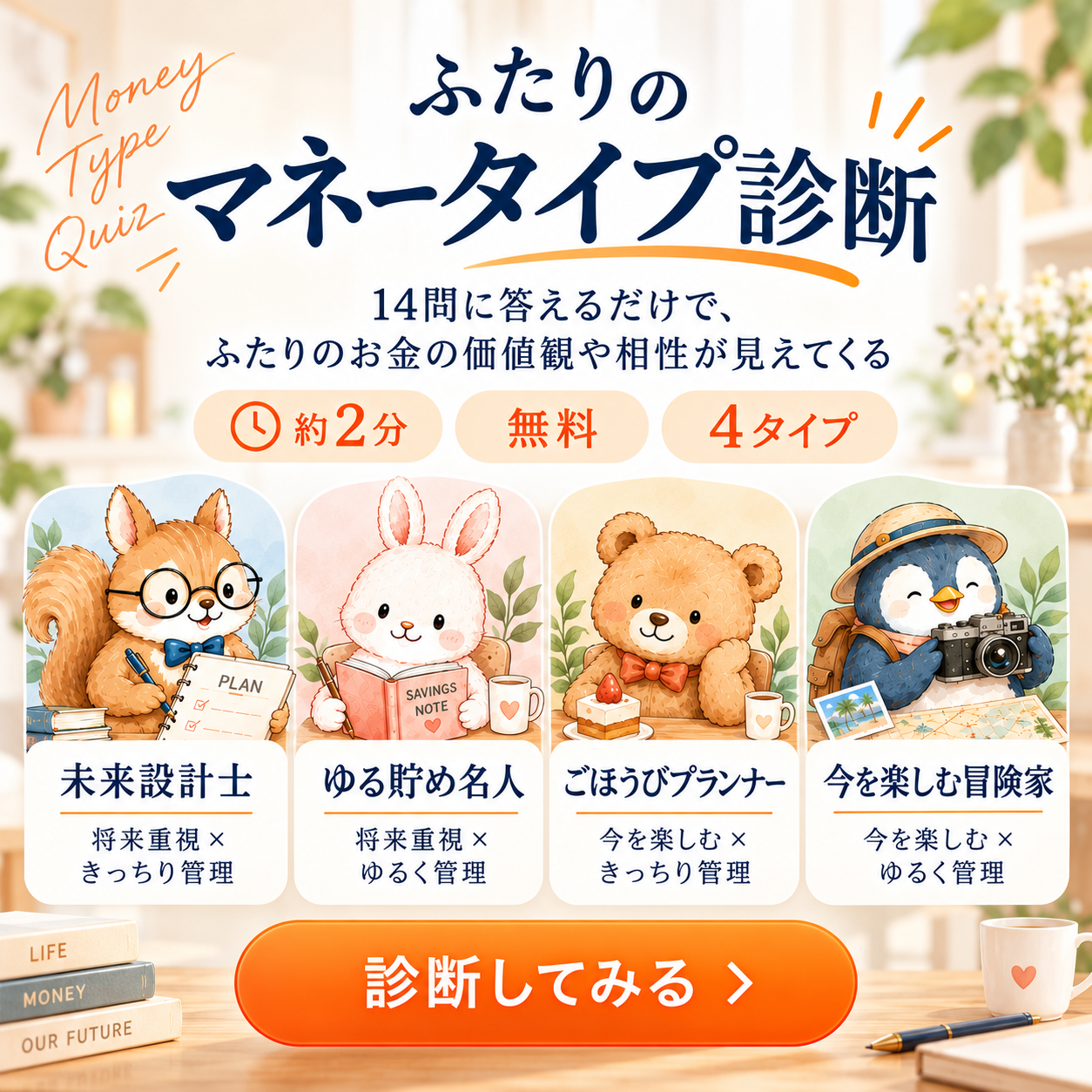ふたりのマネータイプ診断。14問に答えるだけで、未来設計士・ゆる貯め名人・ごほうびプランナー・今を楽しむ冒険家の4タイプからお金の価値観と相性がわかる