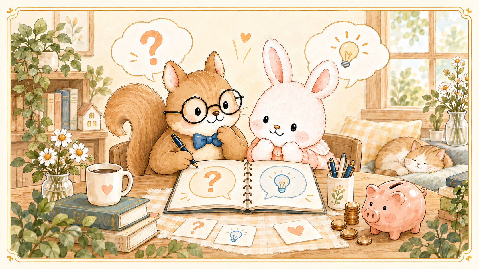 疑問とひらめきを書き出しながら話し合う夫婦のイラスト