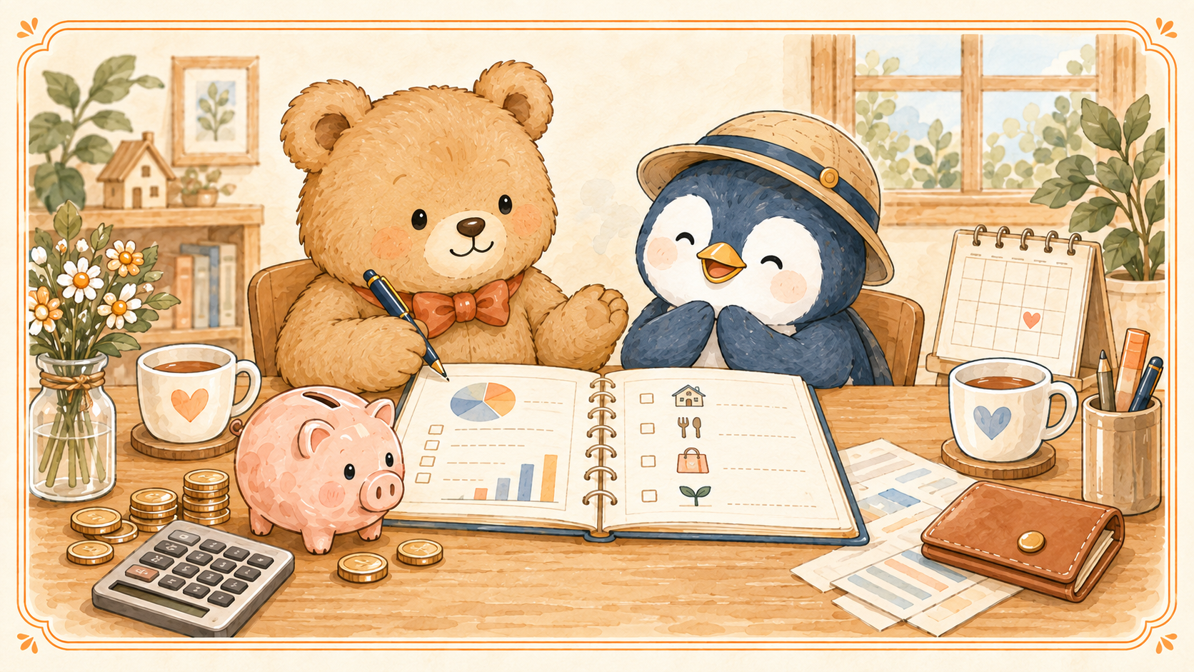 ノートにお金のルールを書き出して話し合うふたりのイラスト