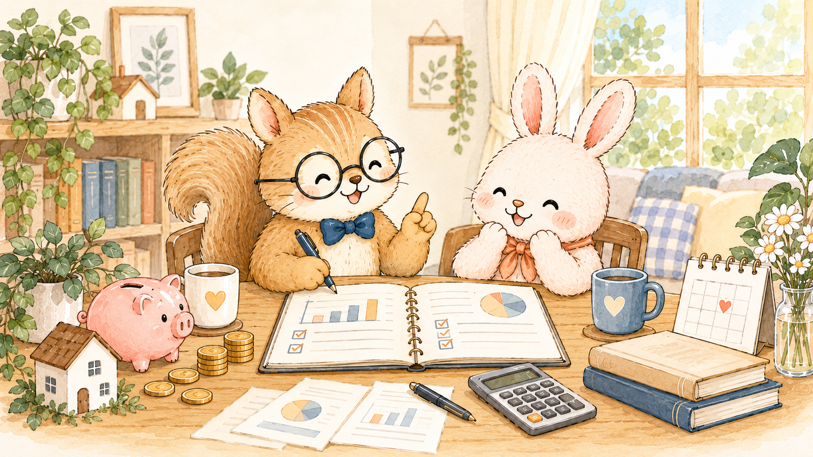 ノートとグラフを見ながら、笑顔でお金の話し合いをしているりすとうさぎ