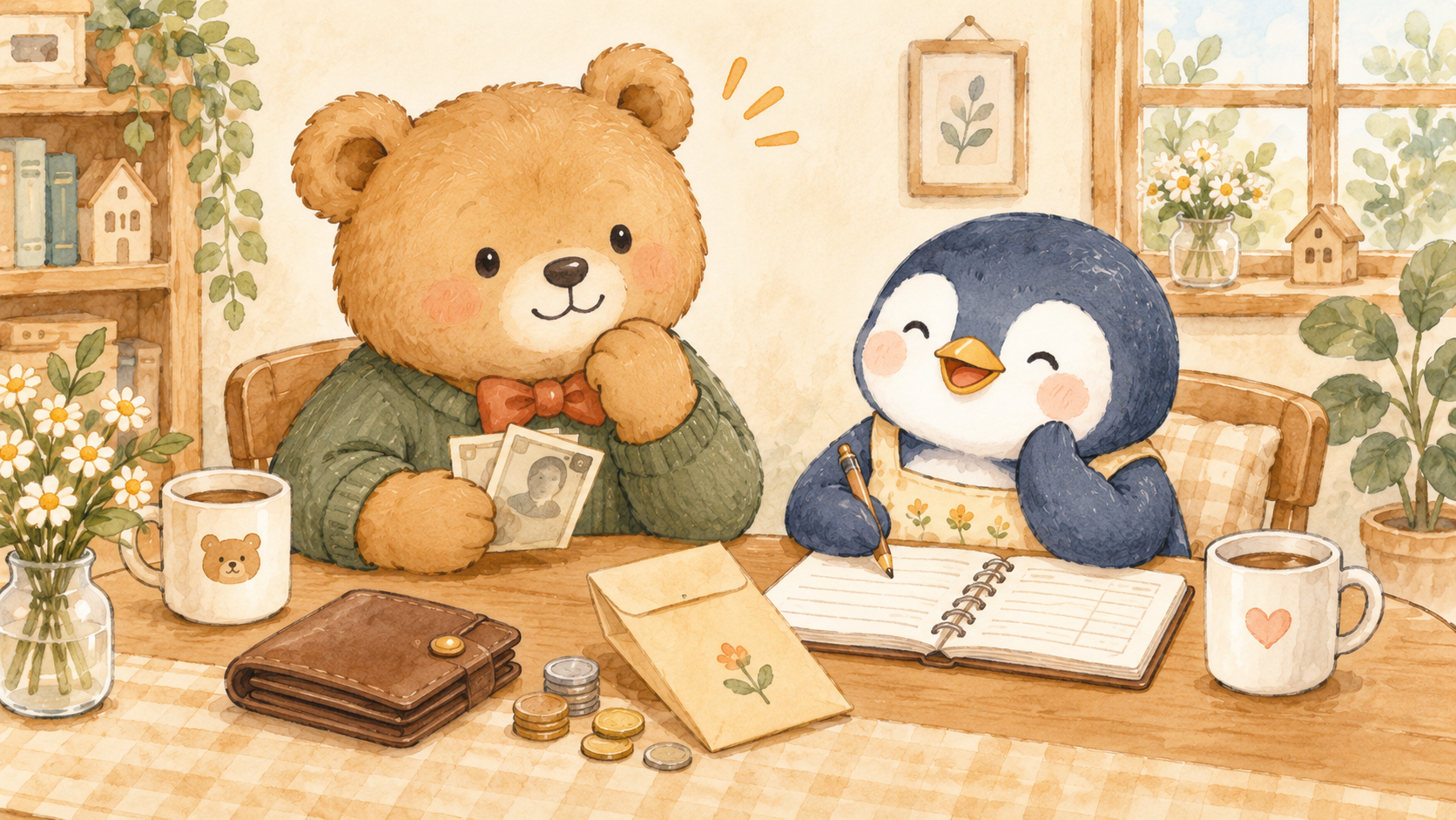 お札を手にお小遣いの金額を確かめる夫婦のイラスト