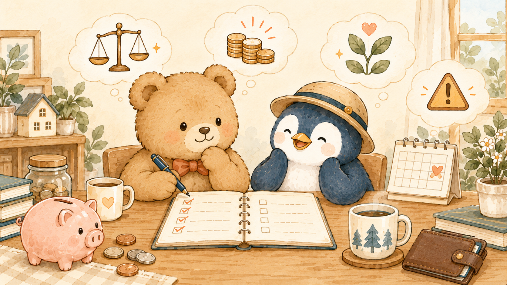 天秤や注意マークを思い浮かべながらお小遣いのルールを書き出す夫婦のイラスト