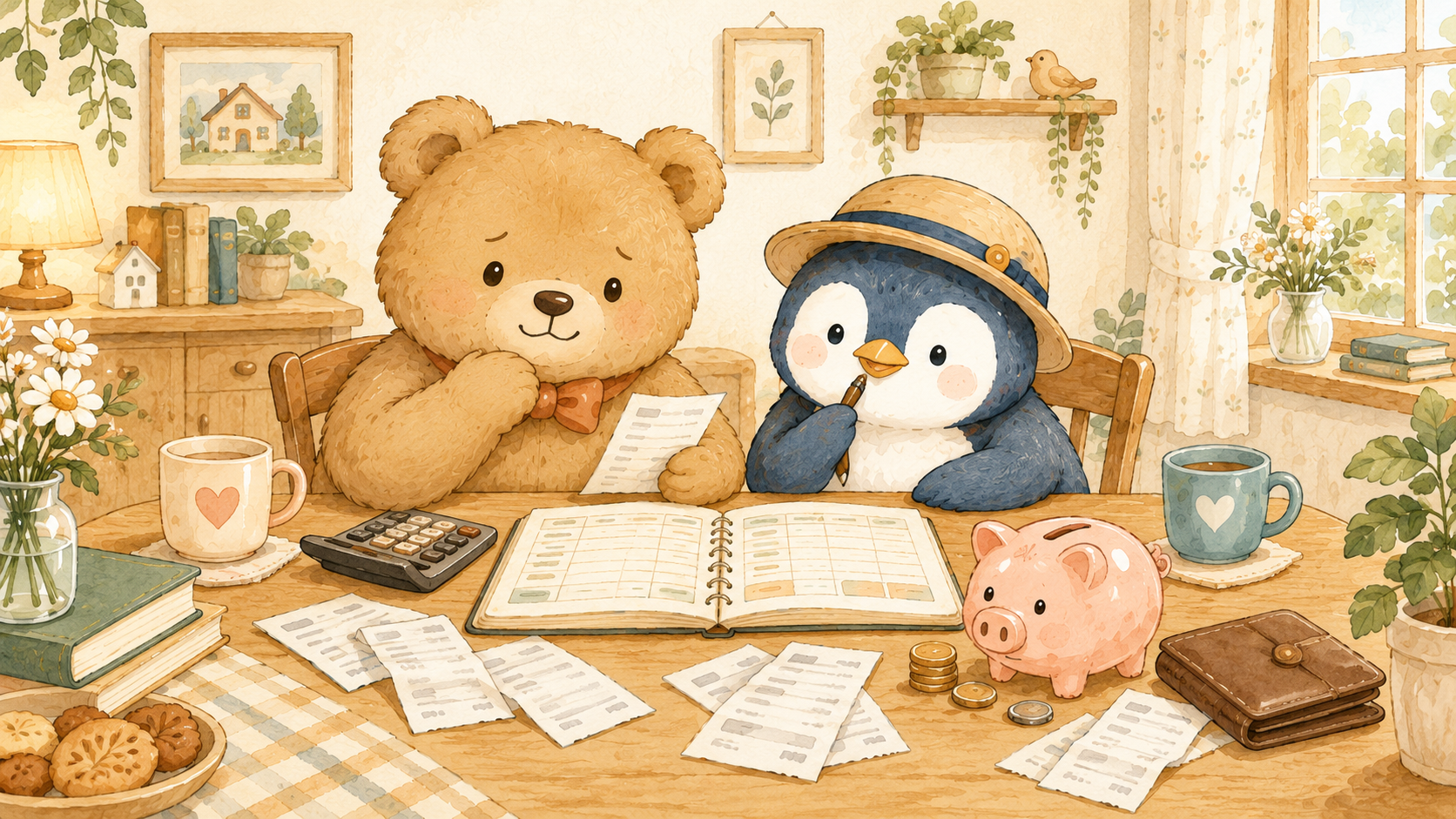 共働きなのに貯金が増えないと悩む夫婦のイラスト