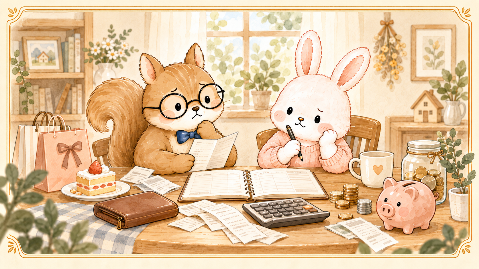 レシートを見ながら困った顔で家計を確認する夫婦のイラスト