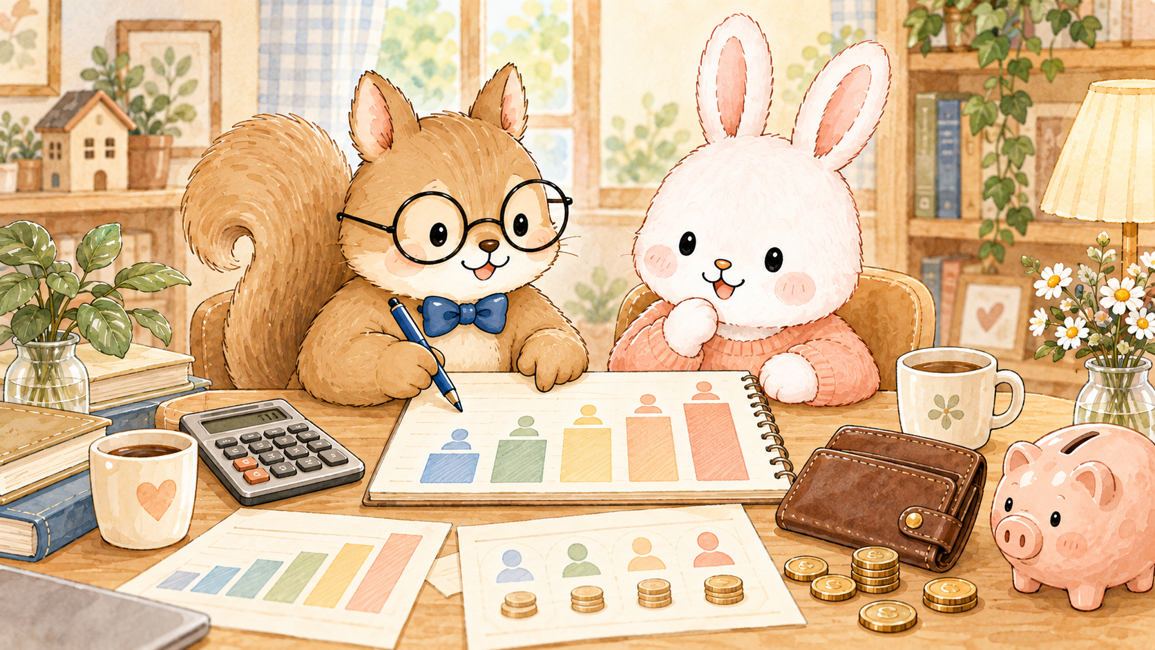 年収別のお小遣いの目安をグラフで見比べる夫婦のイラスト