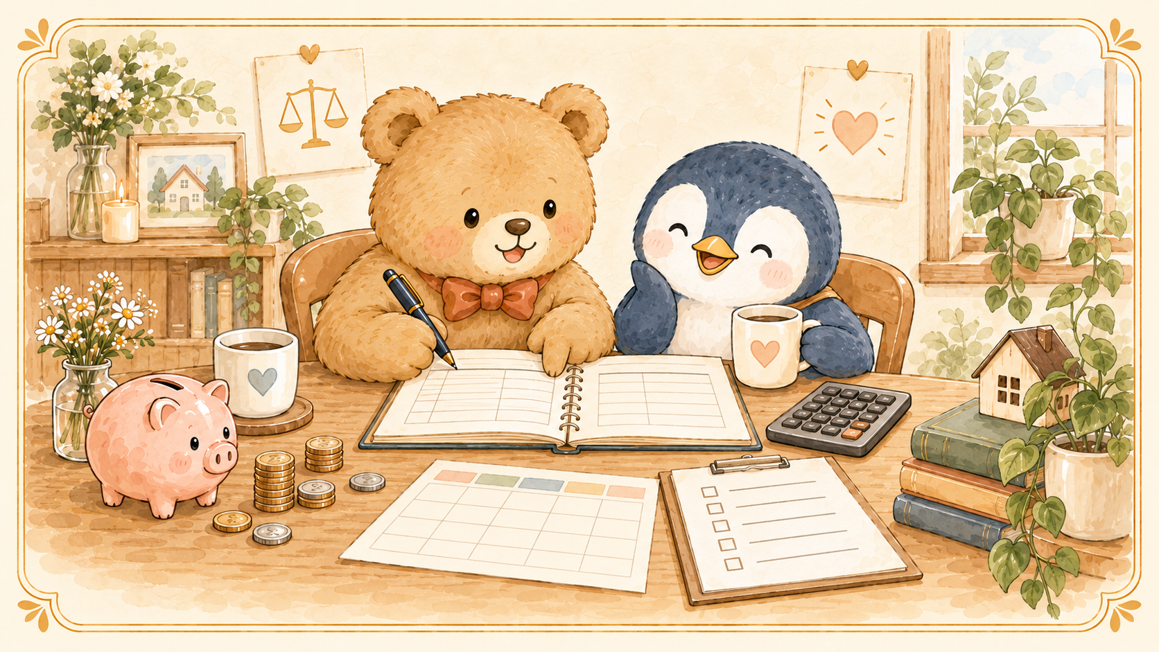 家計簿とチェックリストを広げてお金のルールを決める夫婦のイラスト