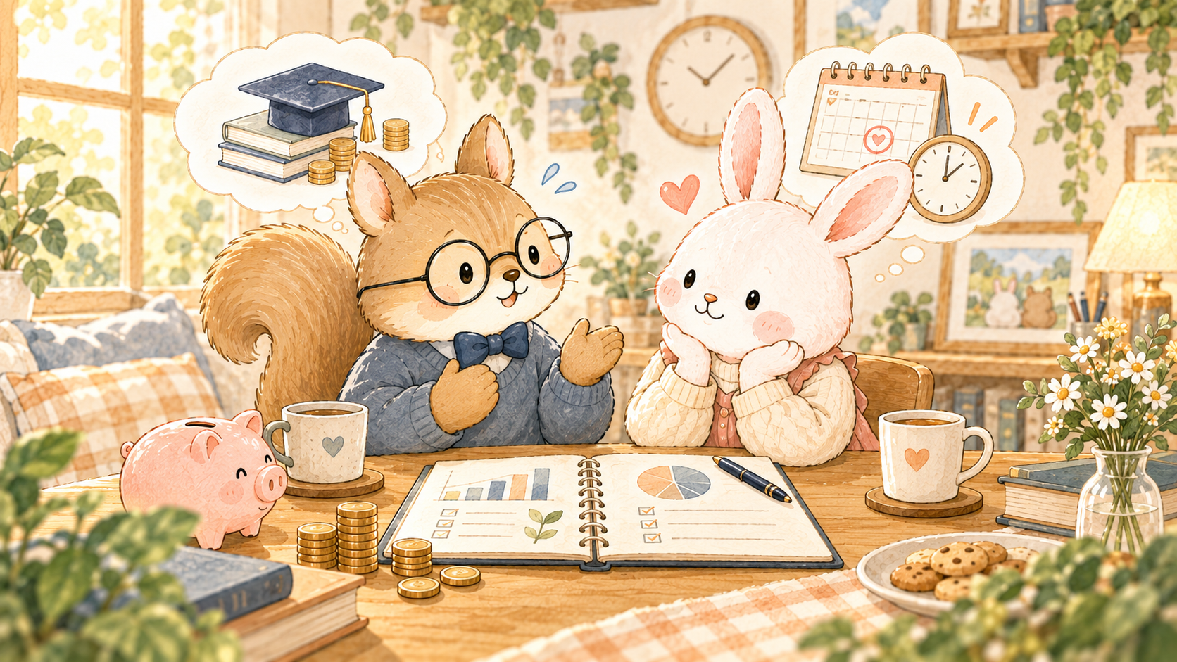 奨学金を伝えるタイミングを考えるカップルのイラスト