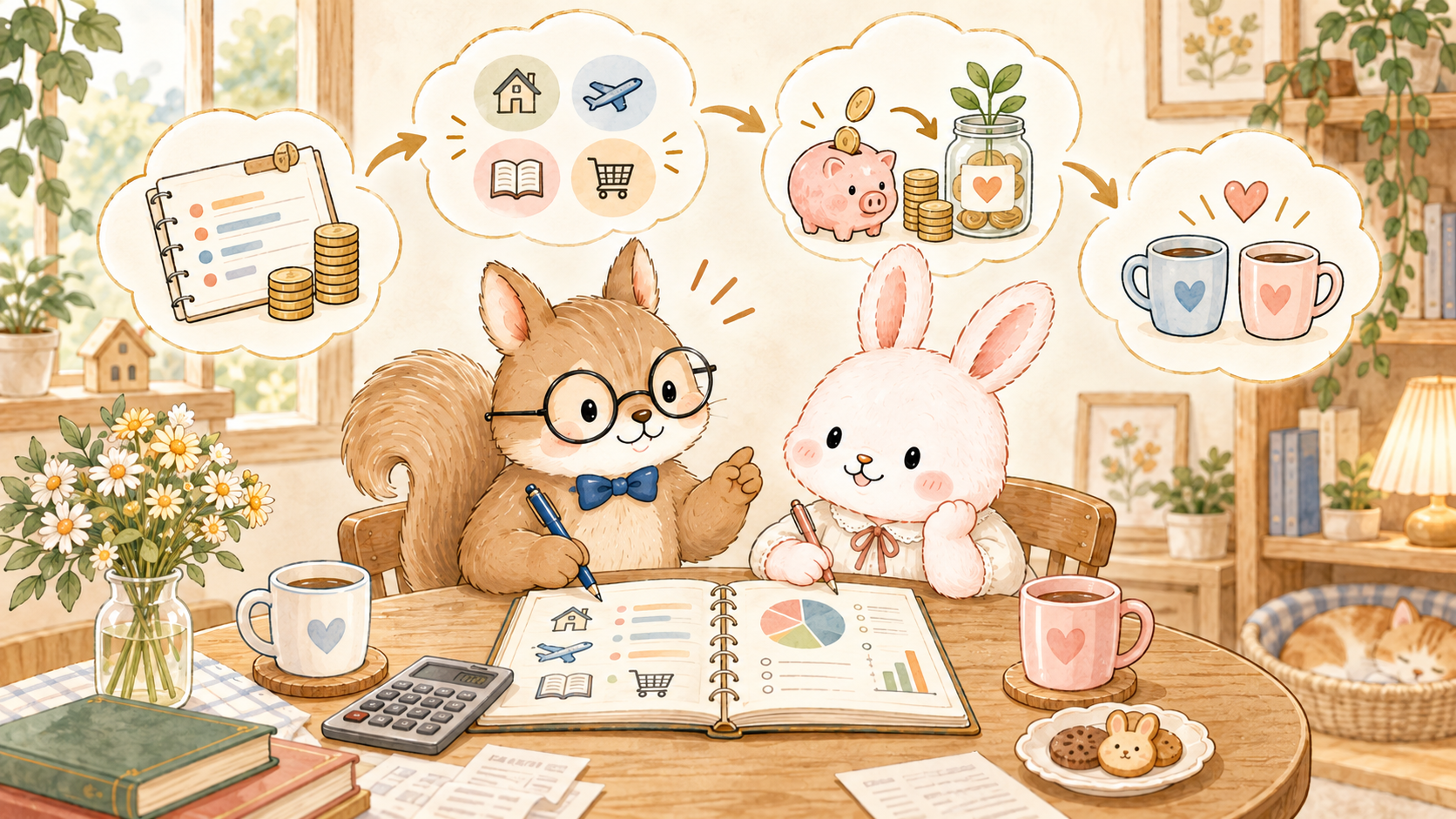 家計を見直す4つの手順をふたりで話し合う夫婦のイラスト