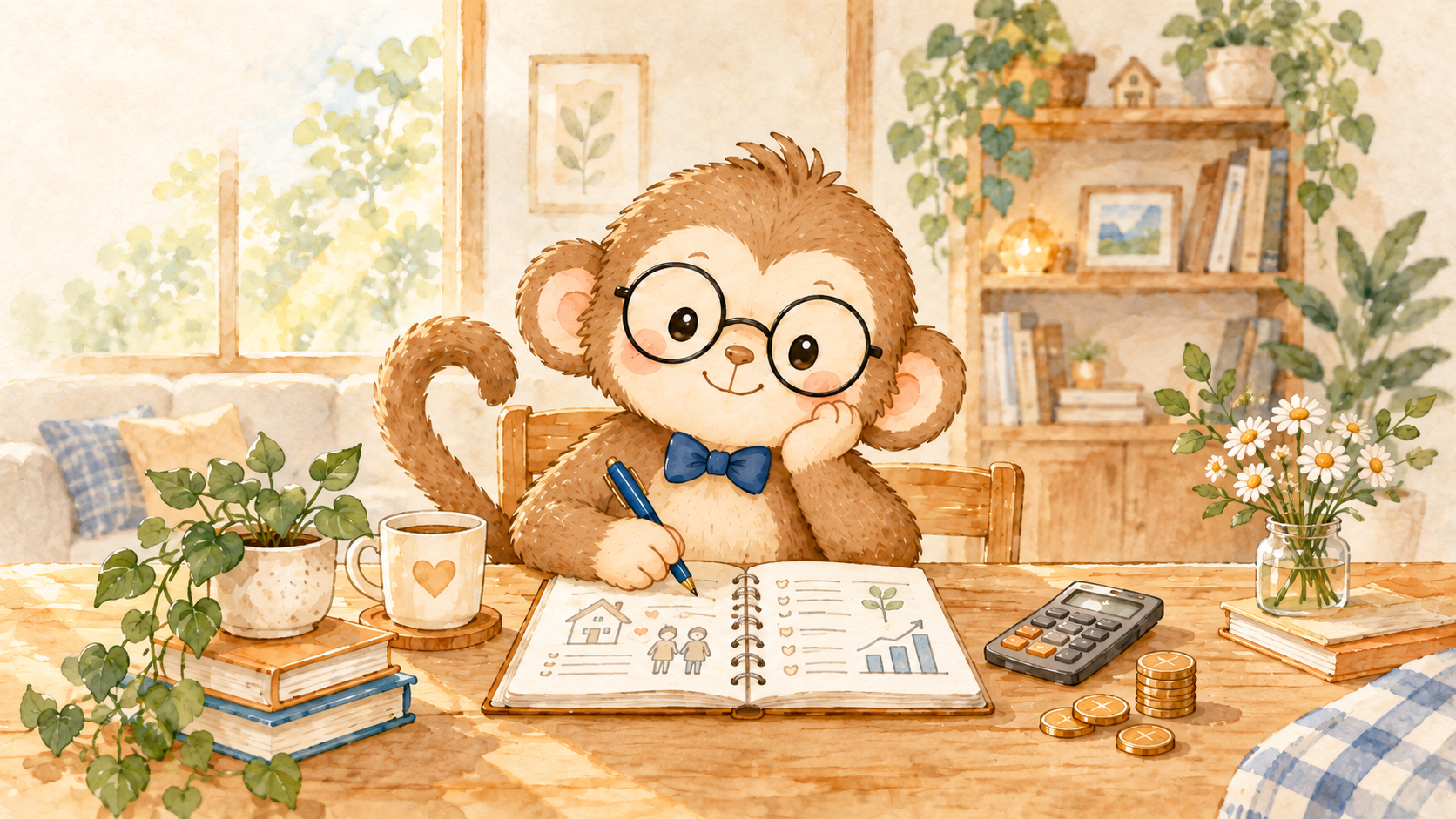ノートに家族の絵を描きながら微笑む、めがねをかけたサルの水彩イラスト