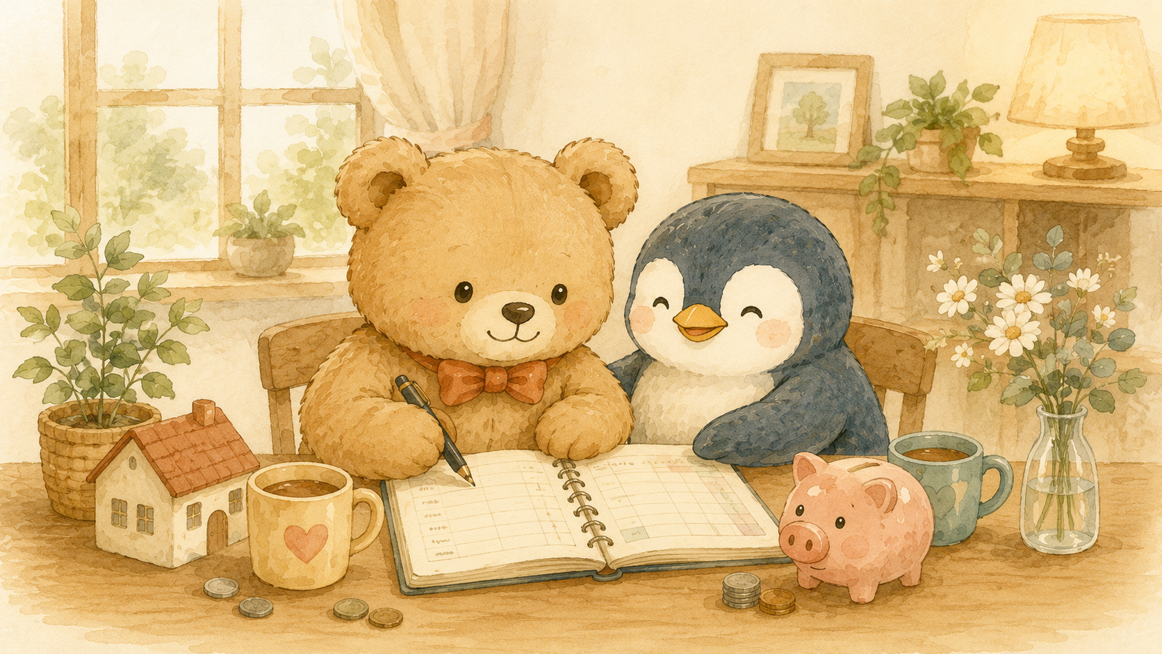 家計ノートを開いて、穏やかに将来のお金について話し合うくまとペンギンの水彩イラスト