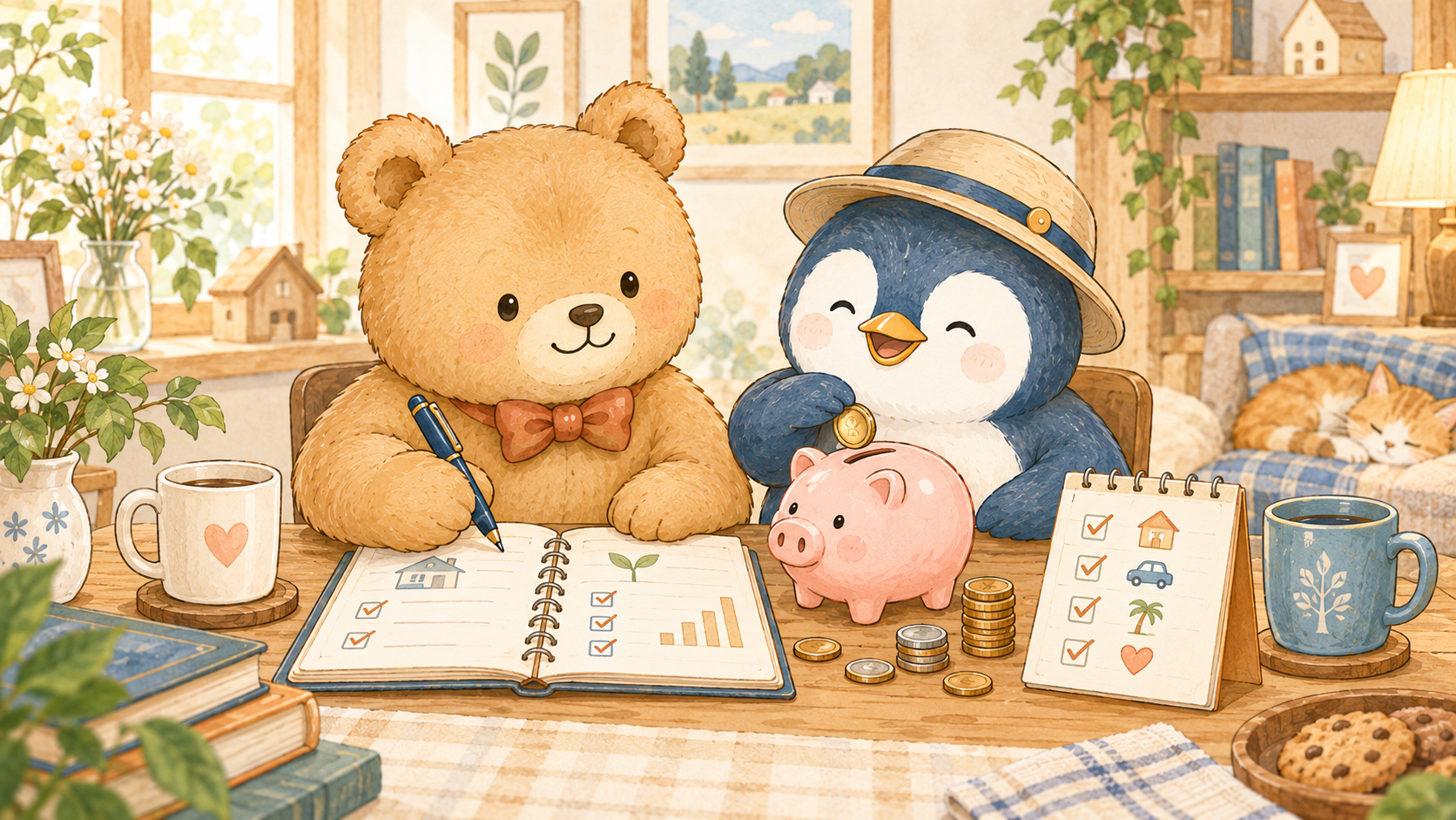 貯金箱とノートを前に、貯める目的を書き出しているふたり