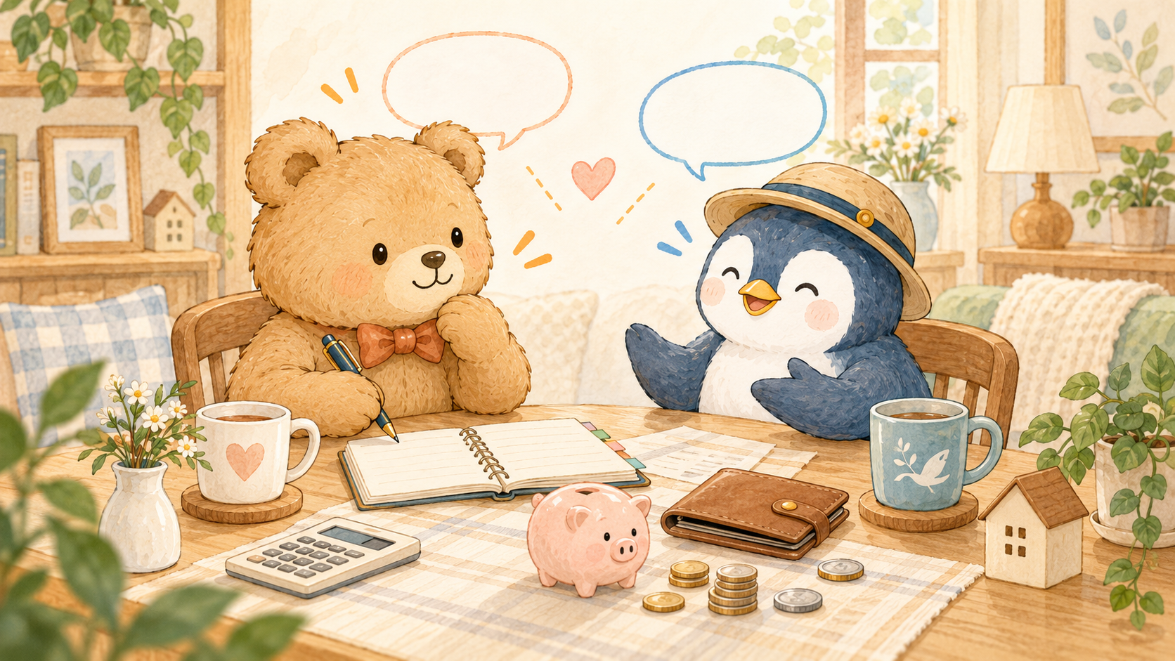 ノートを前に、お金のことを笑顔で話し合う夫婦