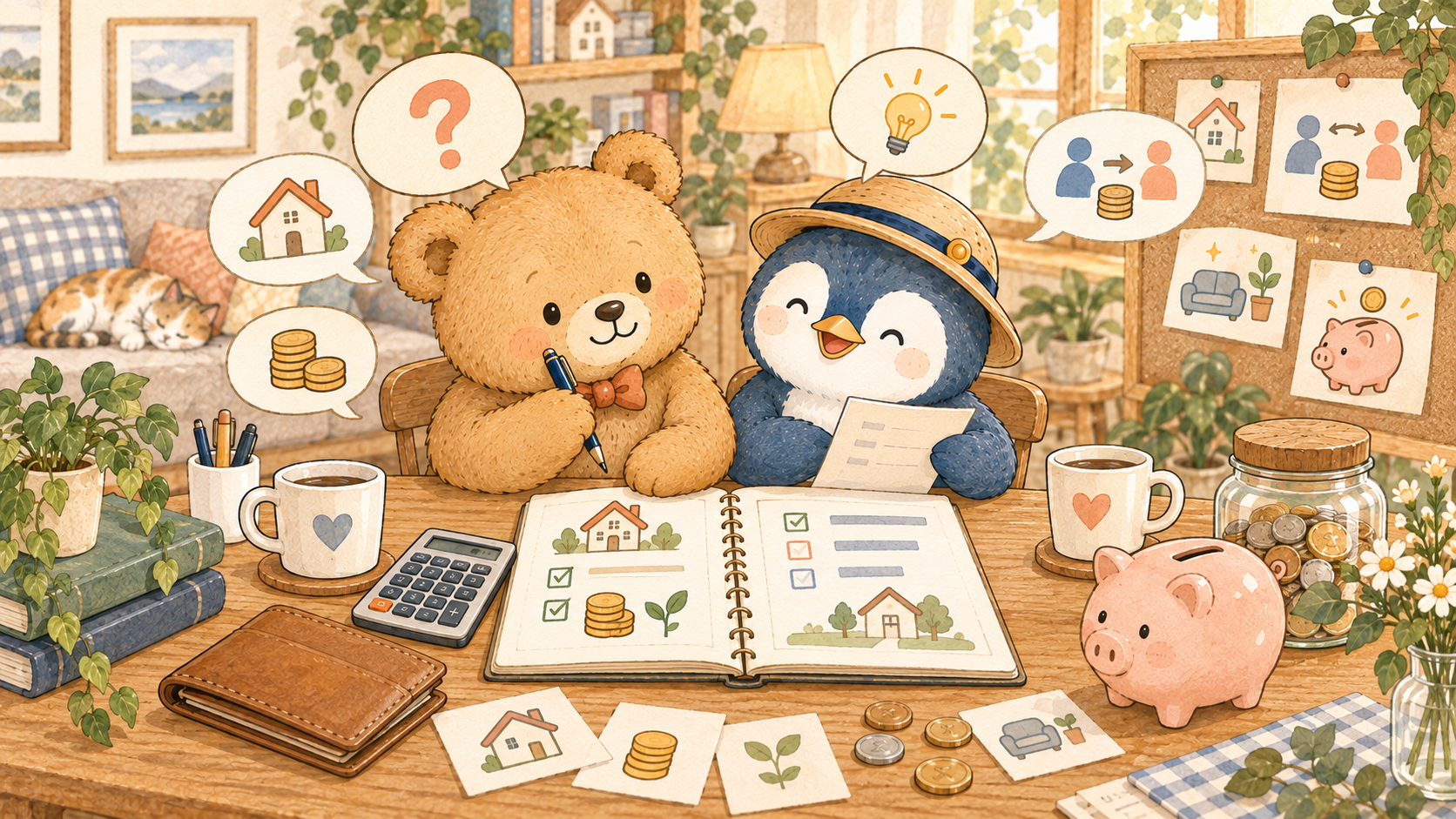 同棲のお金についてのよくある質問を考えるカップルのイラスト