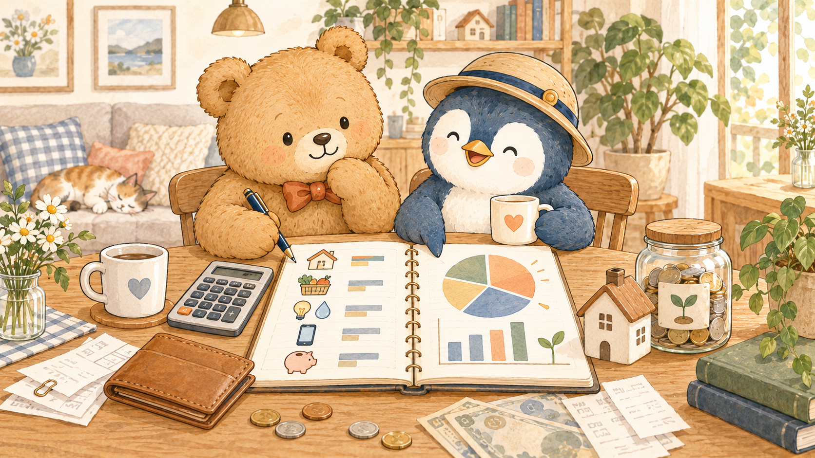 同棲の生活費の内訳をグラフで確認するカップルのイラスト