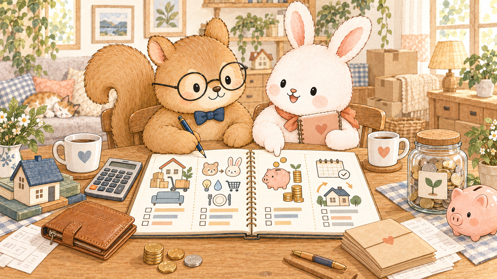 同棲の生活費と貯金のルールを最初に決めるカップルのイラスト