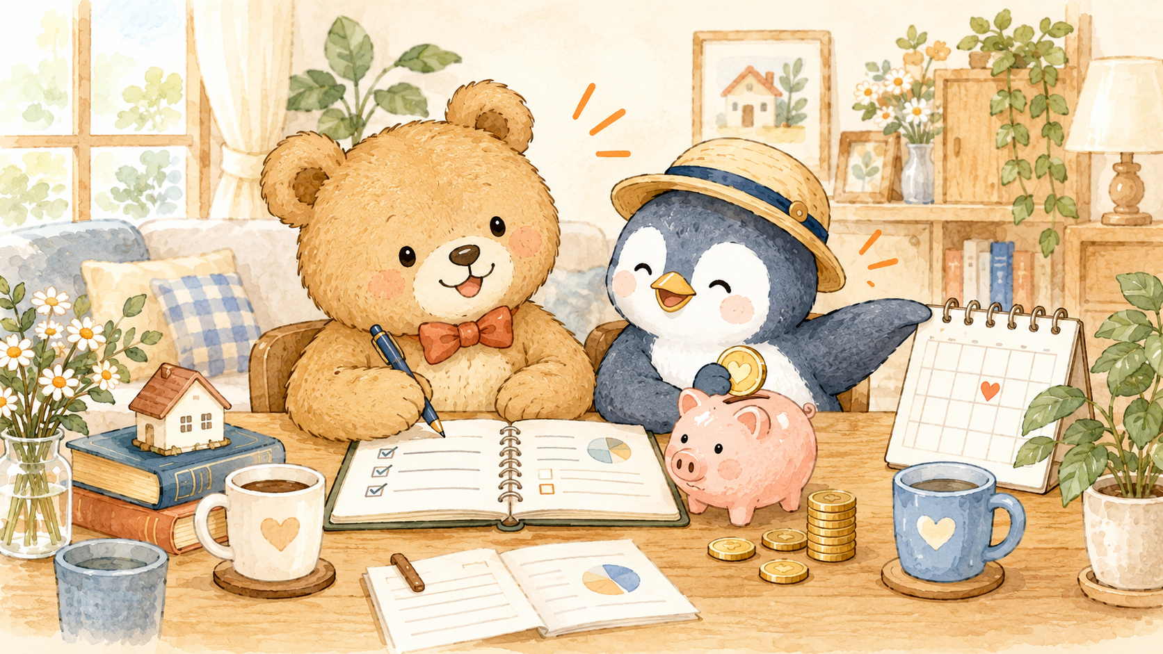 ノートを開いて、これからのお金の予定を書き込んでいるくまとペンギン