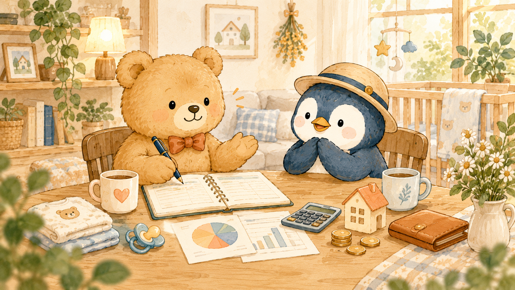 家計のノートを開いて、生活費の分け方を話し合うふたり