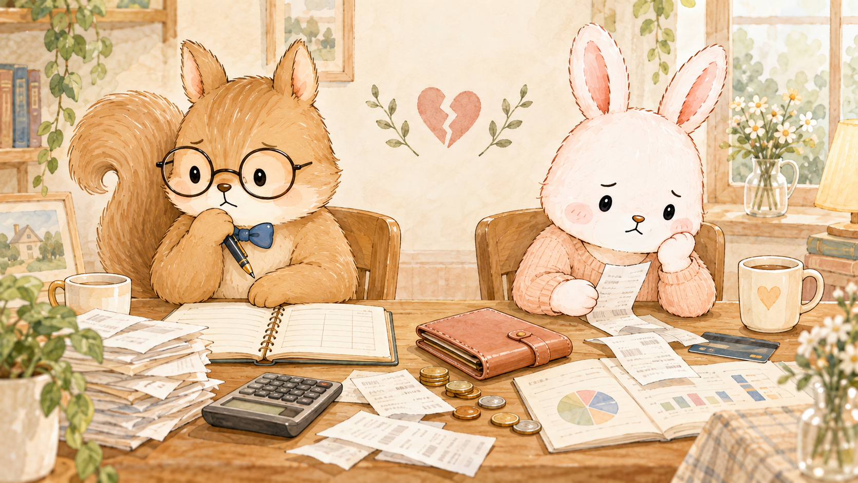 貯金がない彼女と別れるべきか悩むカップルのイラスト