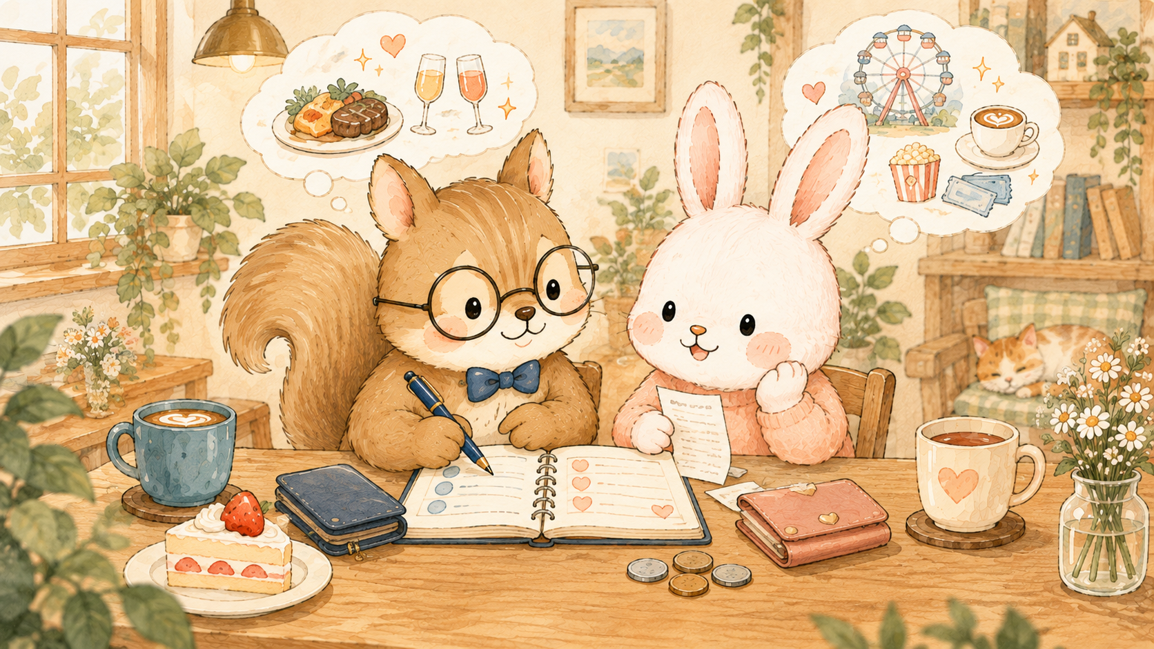 デート代の分担ルールをふたりで決めるカップルのイラスト