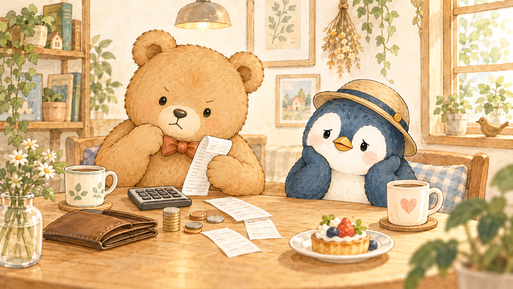 レシートを見ながら電卓で細かく計算するくまと、困った顔のペンギン