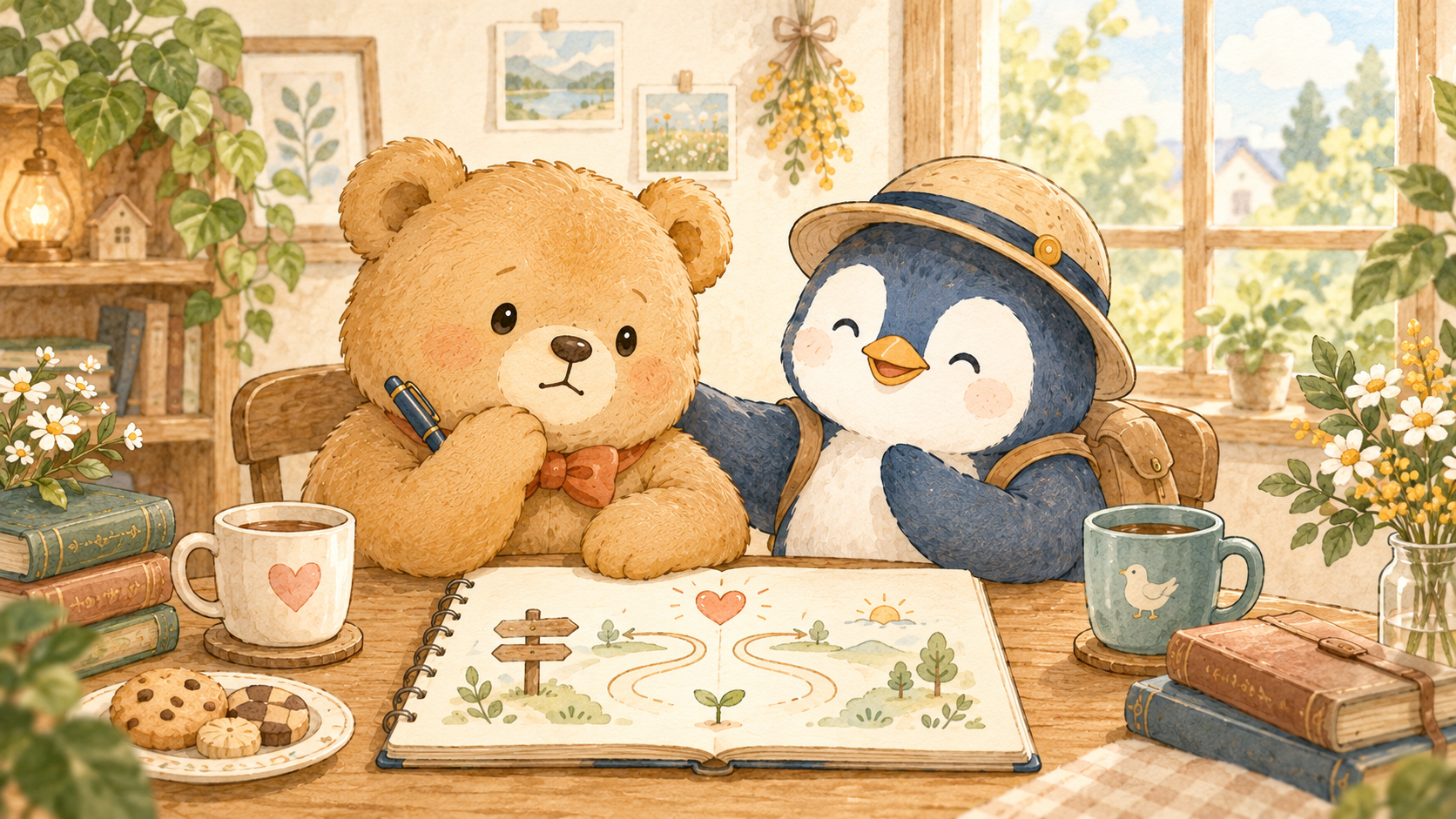 分かれ道の描かれたノートを前に、考え込むくまの肩に手を置いて励ますペンギン