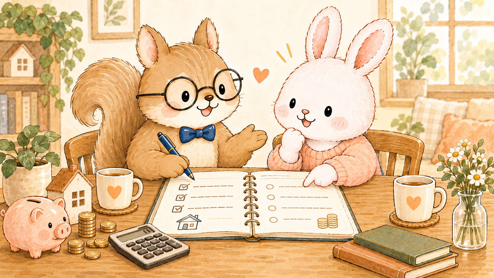 お金の貸し借りの線引きをふたりで決めるカップルのイラスト