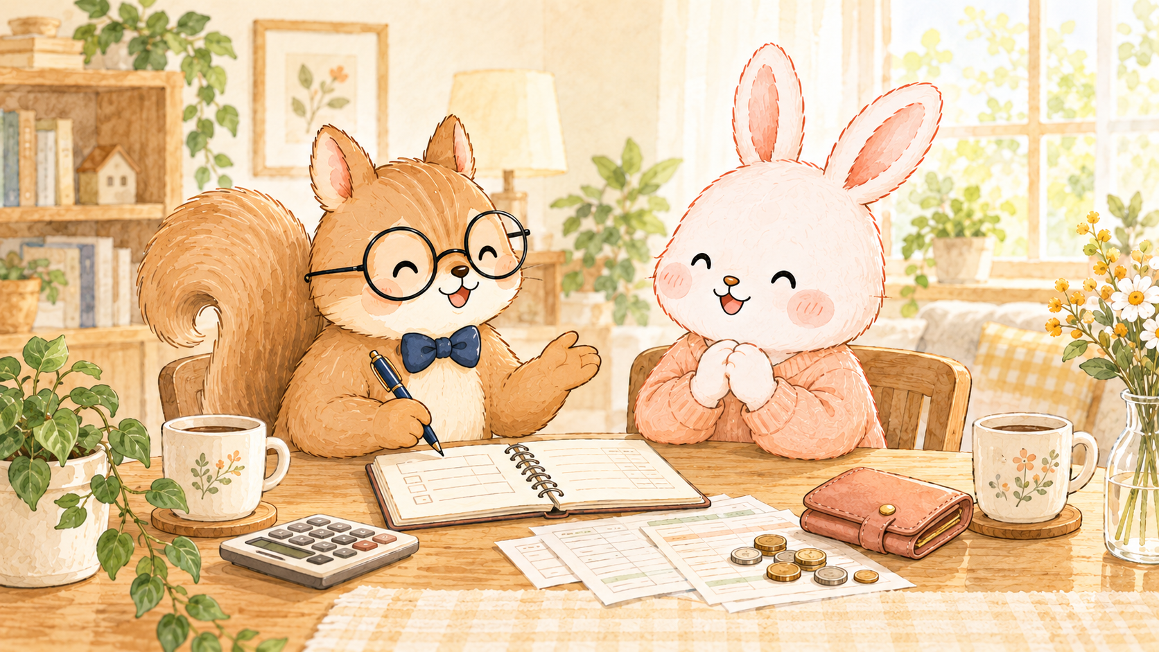 テーブルで家計簿を広げ、笑顔でお金の話をするリスとうさぎの水彩イラスト