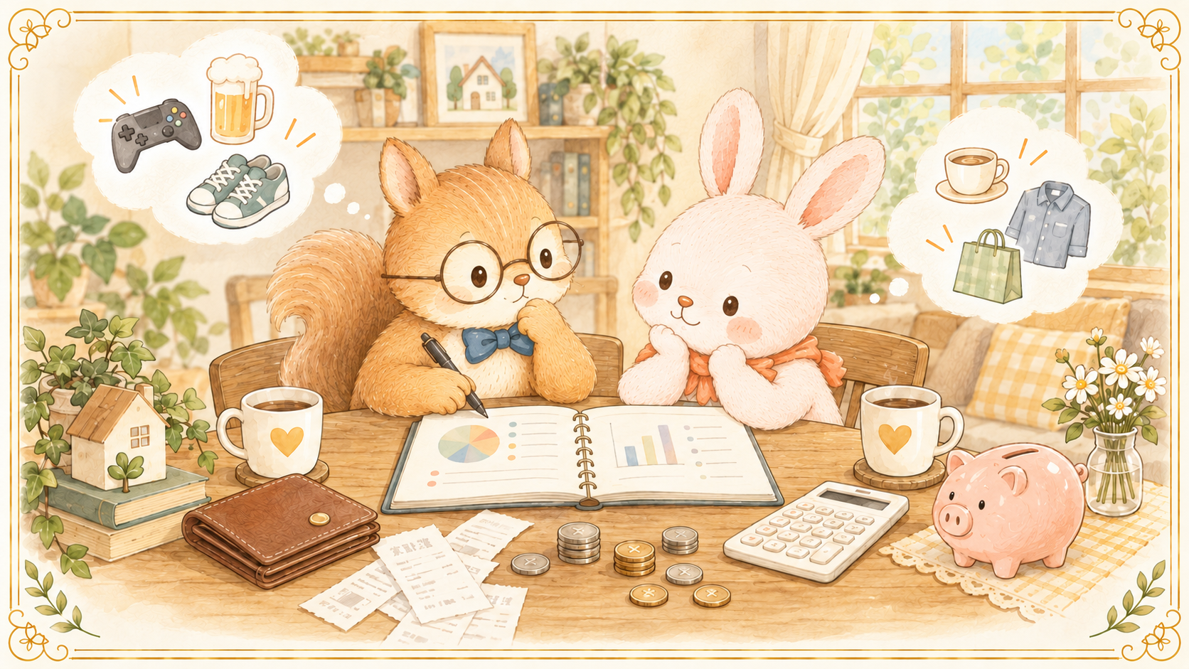 旦那のお小遣い5万円が平均より多いか、使い道を思い浮かべながら考える夫婦のイラスト