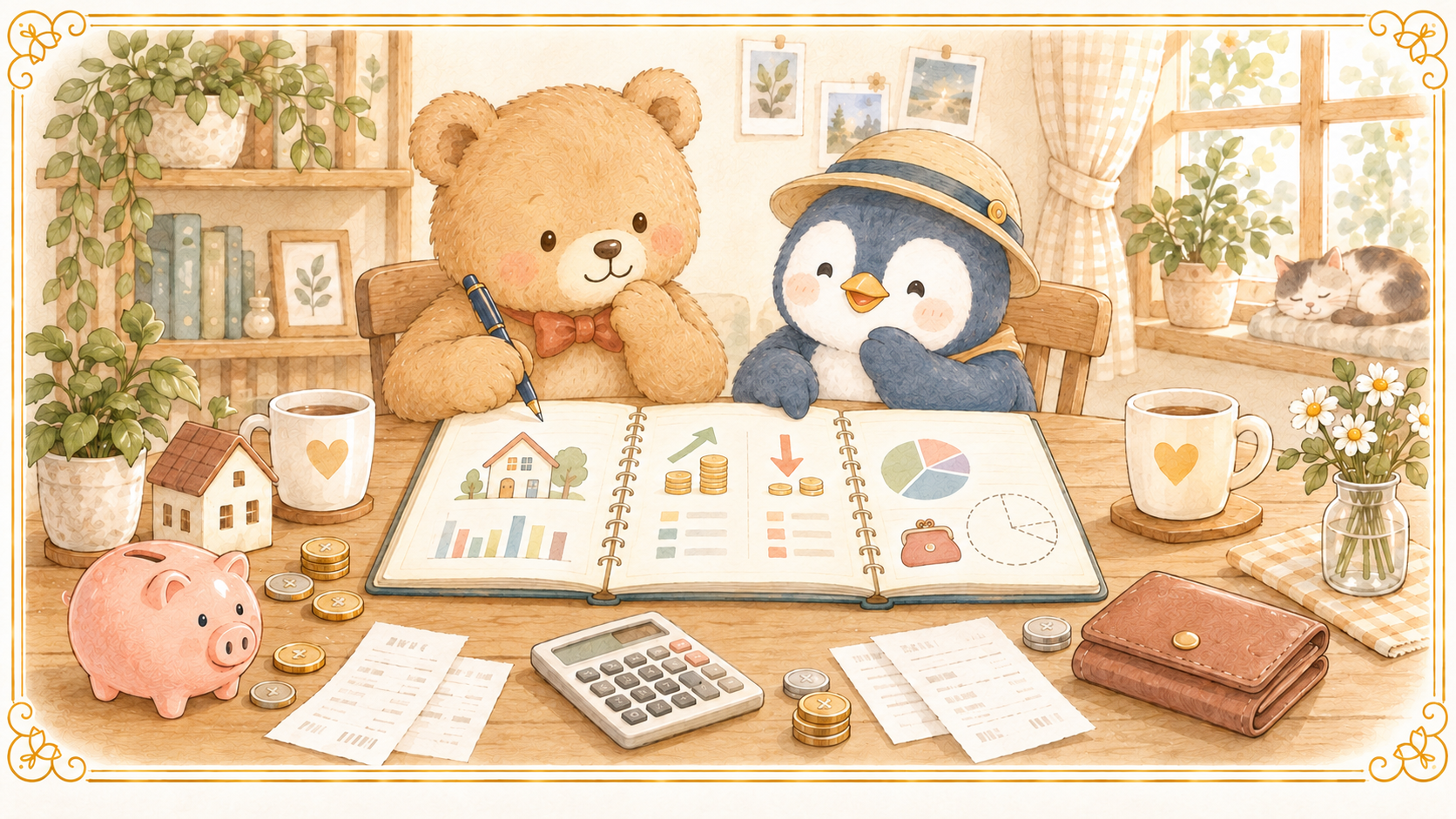 お小遣い5万円が多いかどうかを家計簿を見ながら確認する夫婦のイラスト