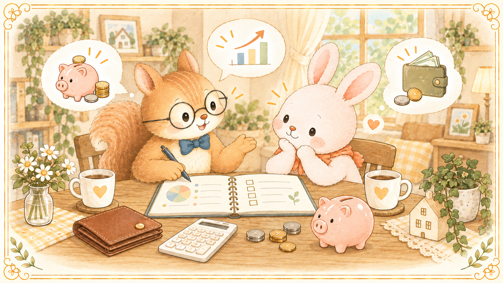 お小遣いの見直しを角を立てずに伝える夫婦のイラスト