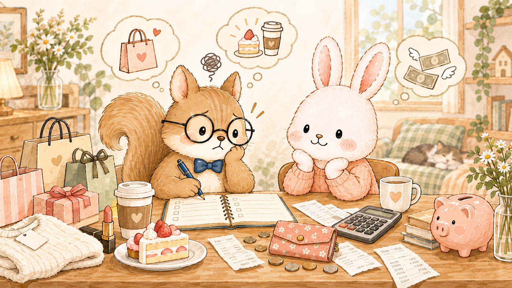 お小遣いを使いすぎてしまう原因に悩む夫婦のイラスト