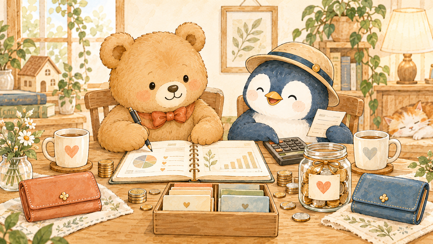 ふたつの財布と貯金の瓶を並べ、家計ノートを一緒に書くくまとペンギン