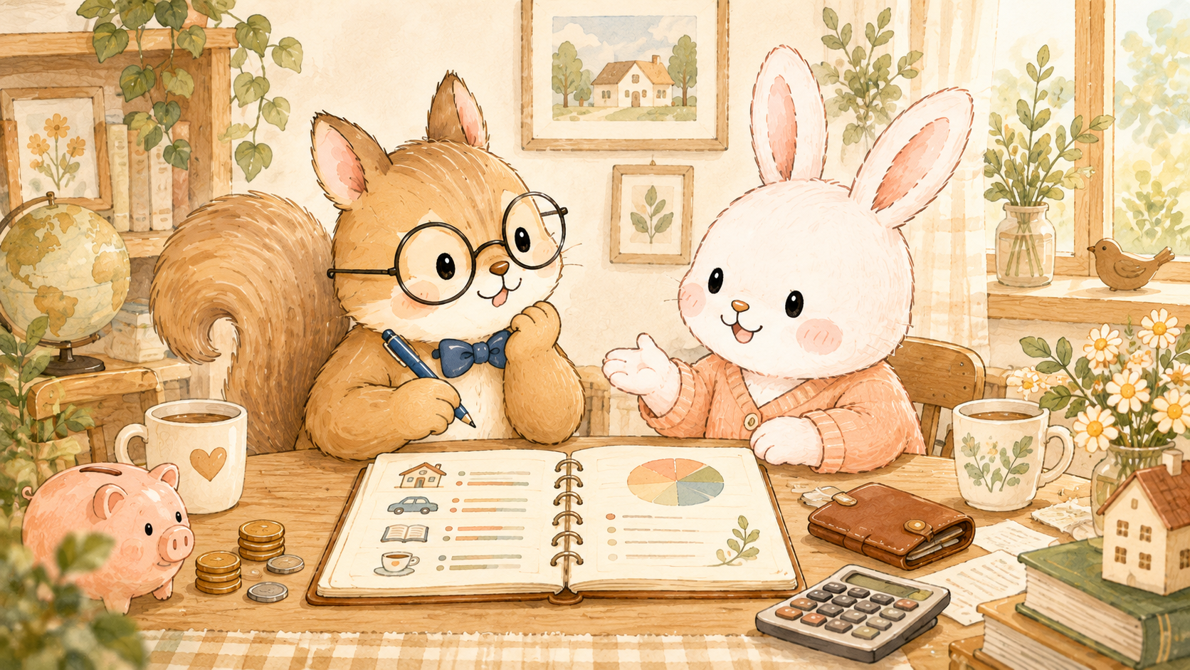 家計のノートを前に、考え込むリスと明るく話しかけるうさぎ