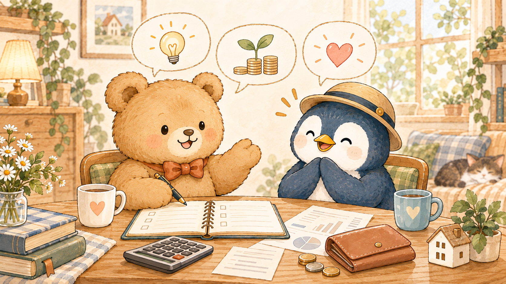 お小遣いの使いすぎを責めずに伝えるコツを話し合う夫婦のイラスト