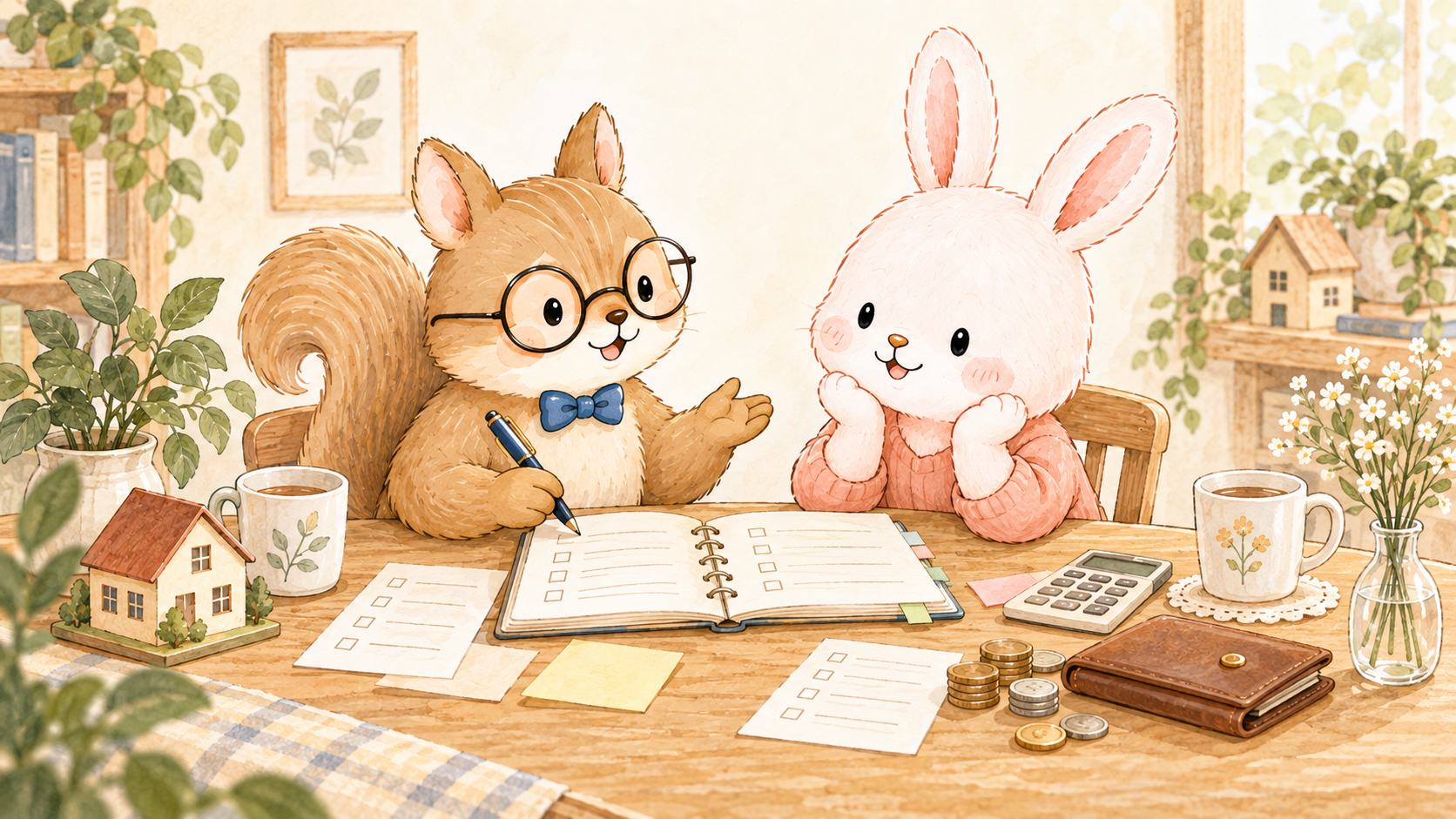 離婚を考える前に、家計についてふたりで話し合う夫婦のイラスト