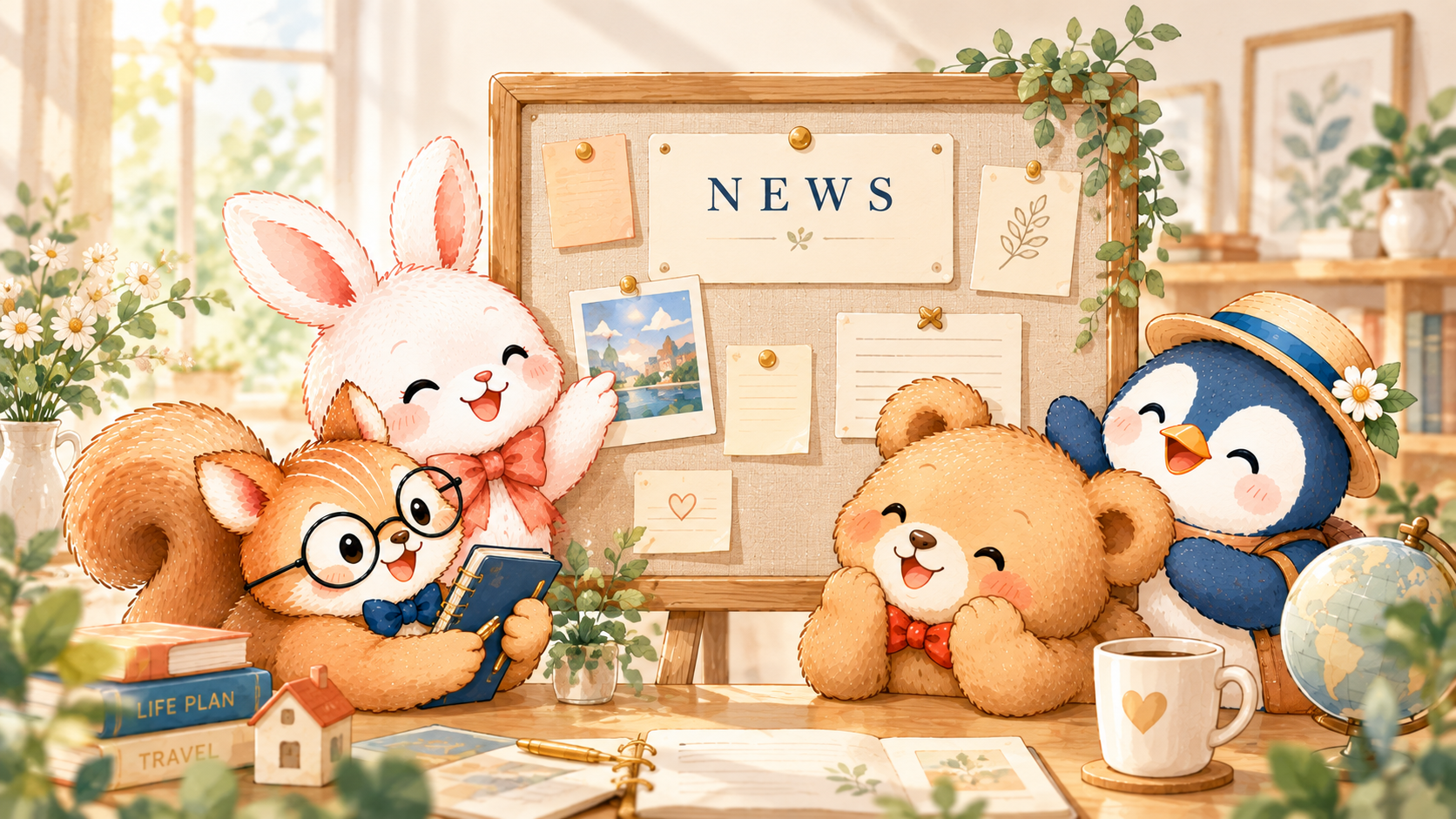 お知らせの掲示板を囲む、りす・うさぎ・くま・ペンギンの水彩イラスト