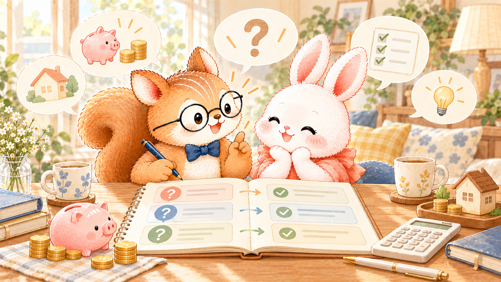 住まい・貯金・やり方への疑問をひとつずつ答えに変えていくノートを広げる、りすの夫とうさぎの妻の水彩イラスト